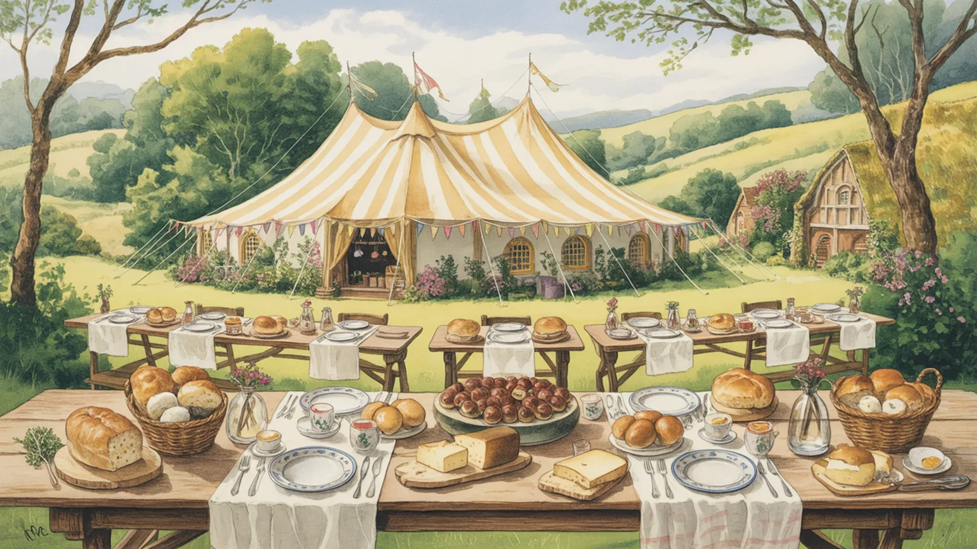 A Bilbo-party prep scene: striped pavilion, trestle tables, bunting.