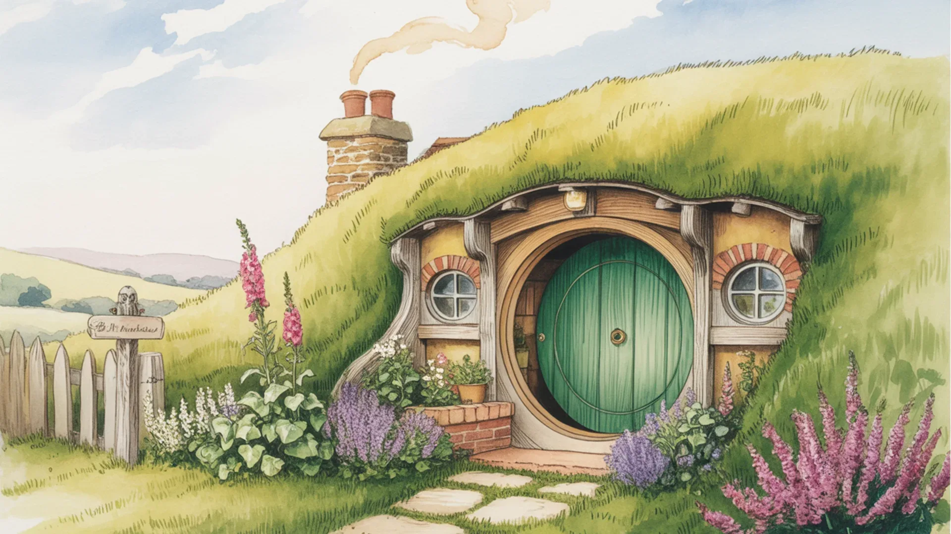 A round green hobbit door set into a grassy hillside.