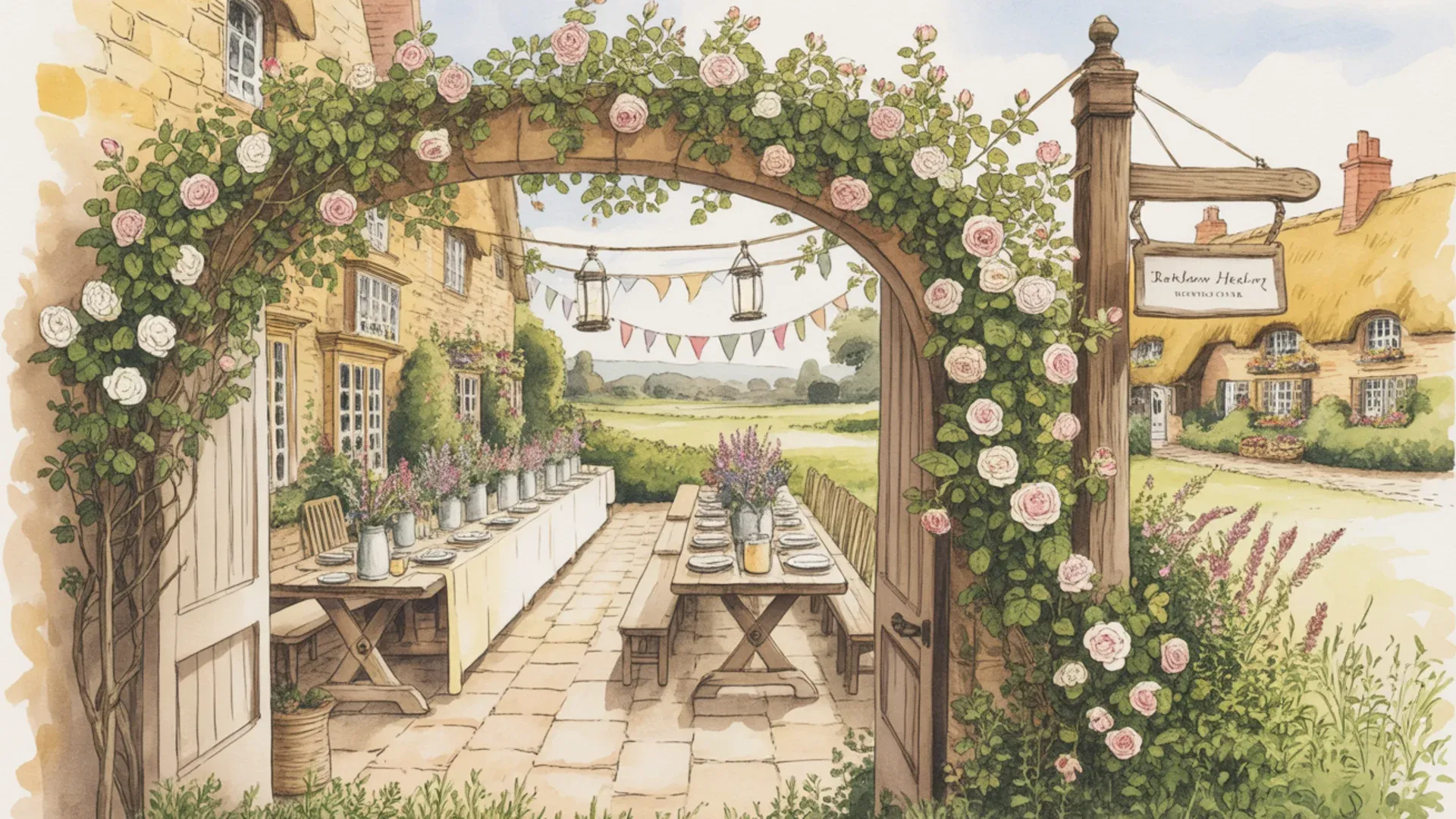 A Shire inn gate with long tables set beyond.