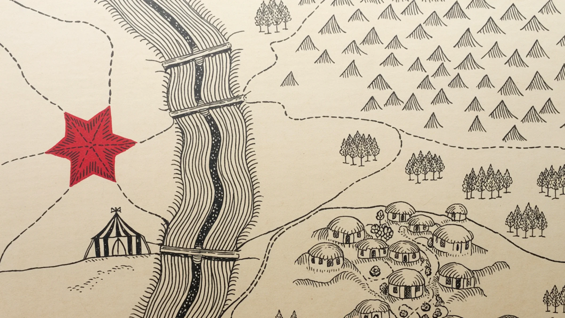 A hand-drawn Lord-of-Maps-style cartographic map of a pastoral Shire-like region with a Grand Rapids–shaped river system.