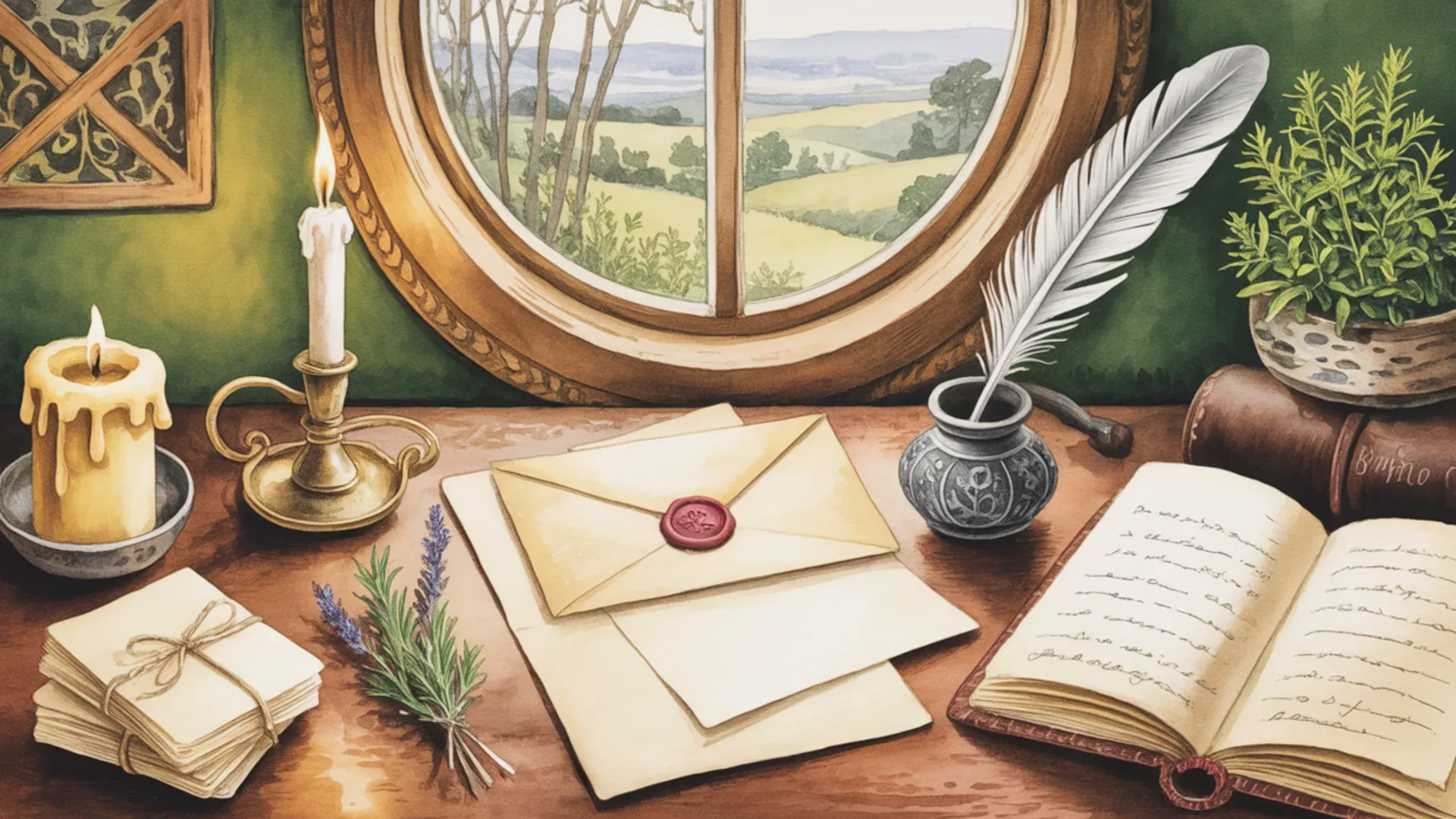 A writing desk inside a hobbit-hole, letter and candle ready.